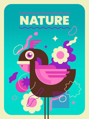 Nature poster design with cute bird, headline and various abstract colorful shapes. Vector illustration.