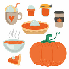 Pumpkin food set. Whole pie and slice, spice latte and soup, cupcake and jam. Autumn collection of pumpkins dishes. Colorful doodle vector isolated collection