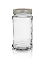 Empty glass jar with a lid. Isolated on a white background with reflection