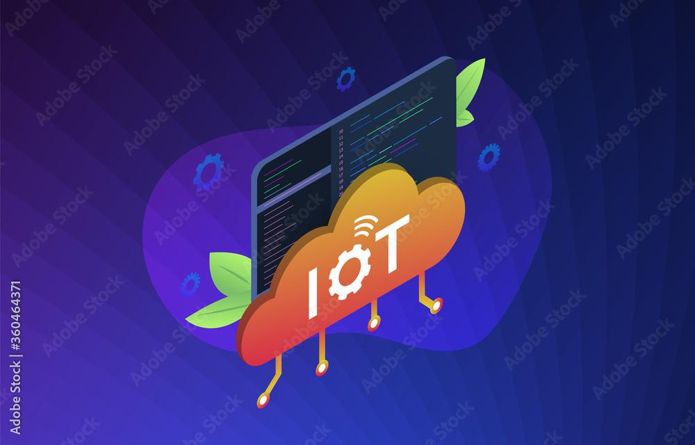 Poster iot development isometric concept illustration with cloud storage, program code window in the backgr