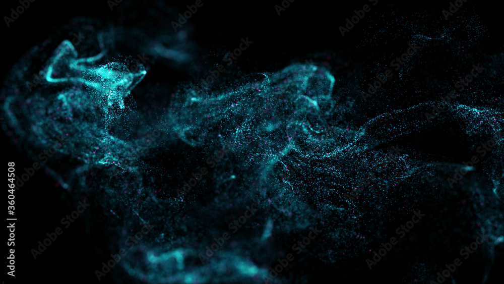 Poster 3d render of asbtract fractal particles field. detailed chaotic fluid motion simulation.
