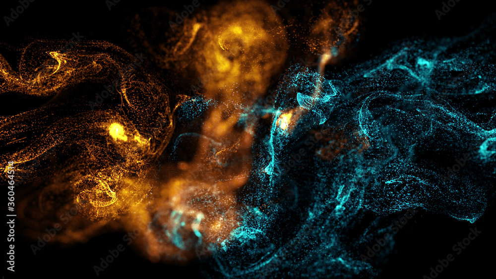 Poster 3d render of asbtract fractal particles field. detailed chaotic fluid motion simulation.