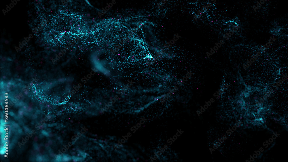 Poster 3d render of asbtract fractal particles field. detailed chaotic fluid motion simulation.