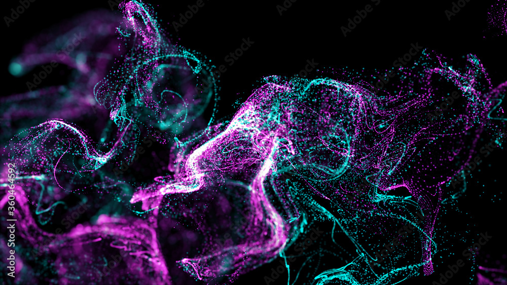 Poster 3d render of asbtract fractal particles field. detailed chaotic fluid motion simulation.