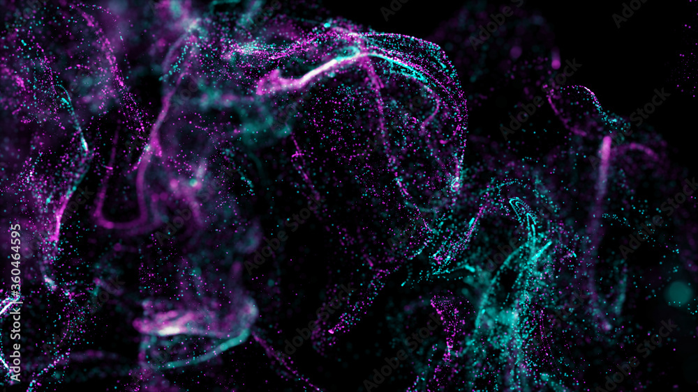 Poster 3d render of asbtract fractal particles field. detailed chaotic fluid motion simulation.