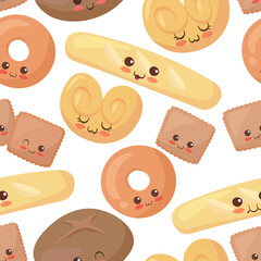 Bread funny characters seamless pattern. Happy smiling food mascot vector illustration isolated on white background. Wrapping paper, food hall, postcard concept. Fresh bakery, party, baguette, bagel.
