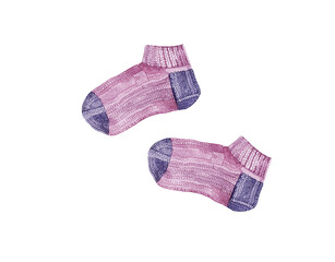 Watercolor hand draw illustration with a pair of pink knitted socks. Knitting and Crochet. Watercolor isolated on white background. 