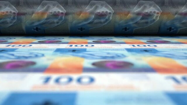 A loop able animation concept image showing a long sheet of swiss franc bank notes going through a print roller in its final phase of a print run	