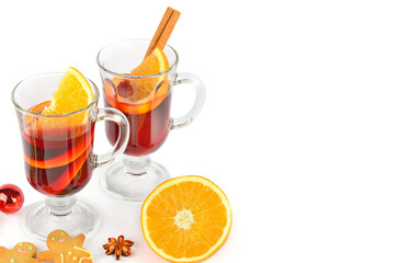 Glasses with mulled wine isolated on a white . Free space for text.