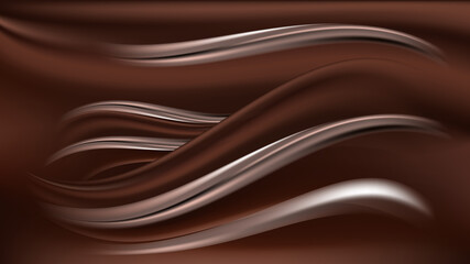 Chocolate wavy background. Milk chocolate and cream waves and swirls. Smooth silk texture, dark brown and cocoa color flowing effect. Abstract vector illustration