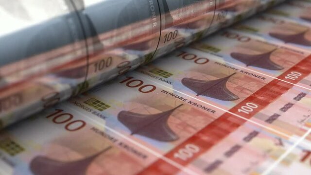 A loop able animation concept image showing a long sheet of new Norwegian Kroner bank notes going through a print roller in its final phase of a print run	