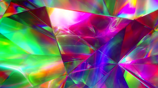 The light passes through the facets of a slowly rotating diamond and creates repetitive sparkling highlights and bright rainbow colors. Rainbow dispersion of light. Seamless loop 3d render