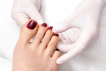 Top view of human hands in protective gloves holding woman foot with painted toenails in dark red color in eauty salon - obrazy, fototapety, plakaty