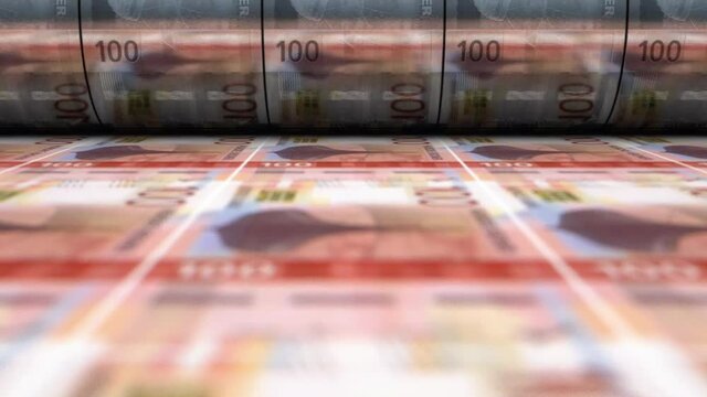 A loop able animation concept image showing a long sheet of new Norwegian Kroner bank notes going through a print roller in its final phase of a print run	