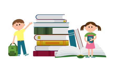 A boy with a backpack and girls with books stand near a pile of books. Full color vector illustration isolated on white background.