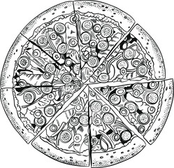 Italian pizza, Pizza design template hand drawn vector illustration realistic sketch