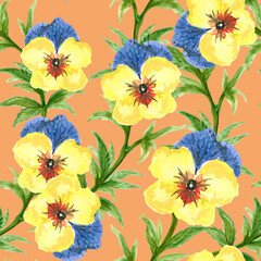 Watercolor gouache pansy floral hand drawn botanical blossom illustration seamless pattern repeat