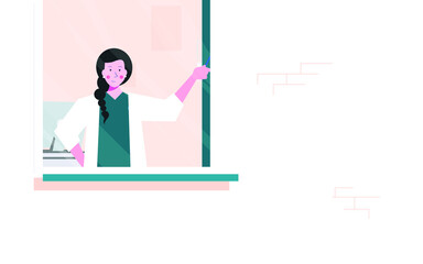 the lady is sitting and looking out the window, she is dressed in a medical gown,vector,cartoon.