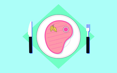 the steak is on a white plate, next to it is the fork and the knife,illustratin,cartoon,food.