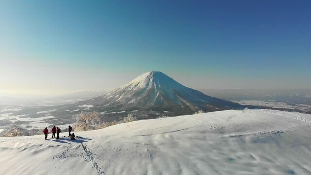 Aerial view of people on a mountain in Hokkaido, Japan