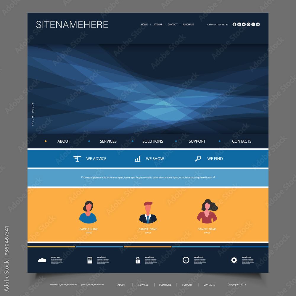Wall mural website design template for your business with blue wavy texture in the header