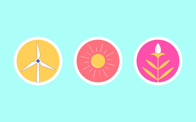 there are three icons, a wind turbine, a sun and a flower,vector,cartoon.