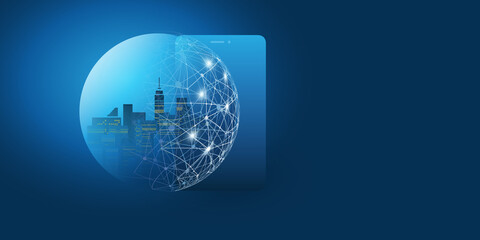 Futuristic Smart City, IoT and Cloud Computing Design Concept with Polygonal Mesh, Cluster and Nodes - Digital Network Connections, Technology Background © bagotaj