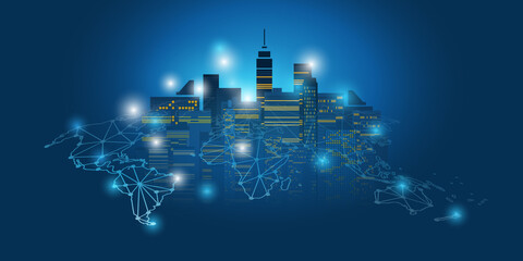 Smart City, Cloud Computing Design Concept with Wireframe and World Map - Digital Network Connections, Technology Background