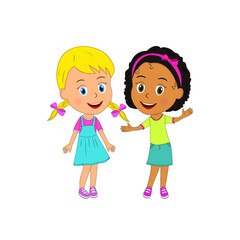 little cartoon multicultural  girls are standing together,illustration,vector