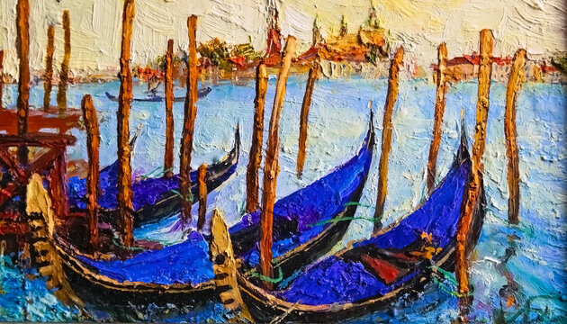 Venetian gondolas on the background of a medieval palaces. A rich palette of colors. Oil on canvas.
