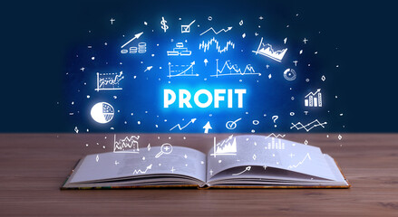 PROFIT inscription coming out from an open book, business concept