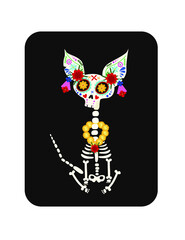 Fototapeta na wymiar Day of the Dead, Dia de los muertos, a cat skeleton decorated with colorful Mexican elements and flowers.