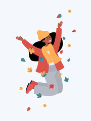 Vector happy african woman jumping and smiling with leaves. Autumn illustration