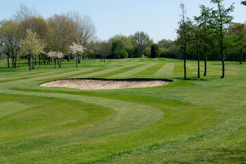 Golf bunker and fairway with straight and curved stripes mown into the grass lawn. Copy space below.