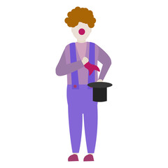 Flat vector character circus clown. Profession magician. Isolate on a white