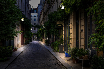 Fototapeta na wymiar Paris, France - June 24, 2020: The Cour Damoye with its vegetation in Paris near Bastille district