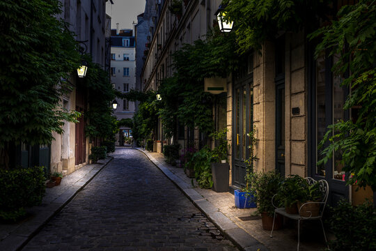 Paris, France - June 24, 2020: The Cour Damoye with its vegetation in Paris near Bastille district