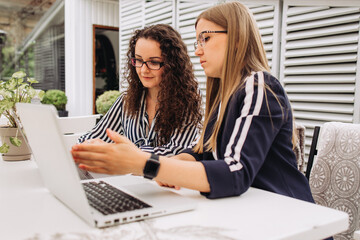 Corporate Communication.Two Businesswoman Working On Laptop In Modern Office. Free Space