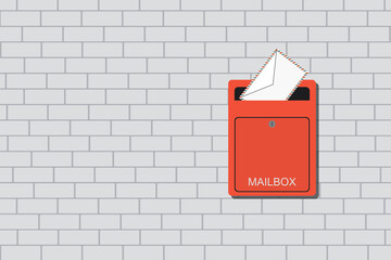 Red mailbox with letter. Metal postbox on horizontal brick wall. Cartoon letterbox for the post. Mail delivery concept banner.