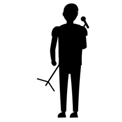 Flat vector character silhouette of a singer with a microphone in his hands. Profession singer. Isolate on a white