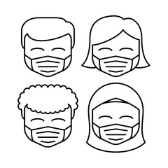 people in face mask line icon, vector pictogram of disease prevention. Protection wear from coronavirus, air pollution, dust, flu illustration