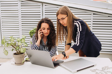 Corporate Communication.Two Businesswoman Working On Laptop In Modern Office. Free Space