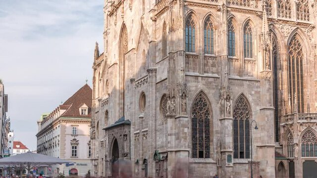 St. Stephen's Cathedral timelapse (Stephansdom, Domkirche St. Stephan), the mother church of Roman Catholic Archdiocese of Vienna and one of the tallest churches in the world, Stephansplatz, Vienna