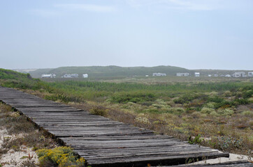 Fototapeta na wymiar Wooden boardwalk path to the atlantic ocean beach in Costa Nova do prado, Portugal