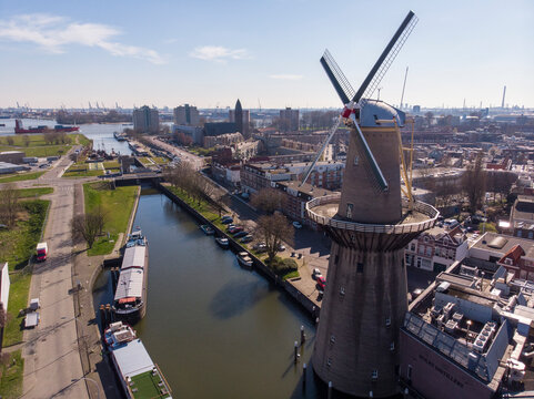 Beautiful windmill in Schiedam province South Holland, these highest windmill in the world also known as burner mills were used for grinding grain that was used for the Famous local Gin industry