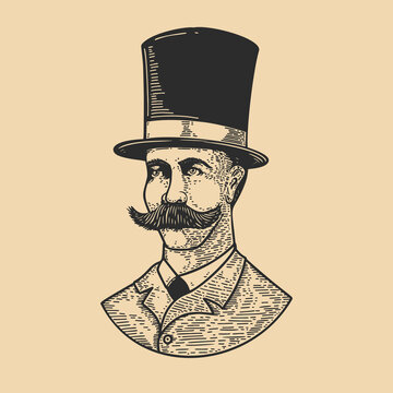 Illustration of gentleman in vintage hat in engraving style. Design element for logo, label, emblem, sign, badge.