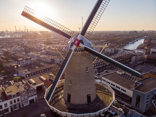 Beautiful windmill in Schiedam province South Holland, these highest windmill in the world also known as burner mills were used for grinding grain that was used for the Famous local Gin industry