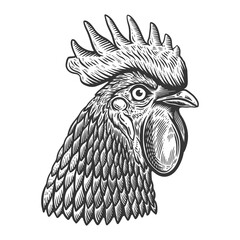 Illustration of rooster head in engraving style. Design element for logo, label, sign, poster, t shirt. © liubov