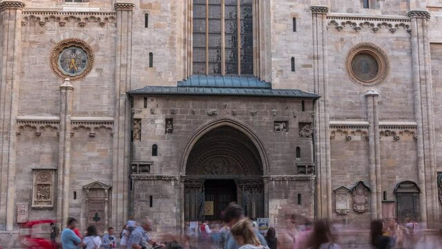 Entrance to St. Stephen's Cathedral timelapse (Stephansdom, Domkirche St. Stephan), the mother church of Roman Catholic Archdiocese of Vienna and one of the tallest churches in the world
