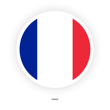 France circle flag icon with white border on white background. France button flag with shadow isolated on white background.